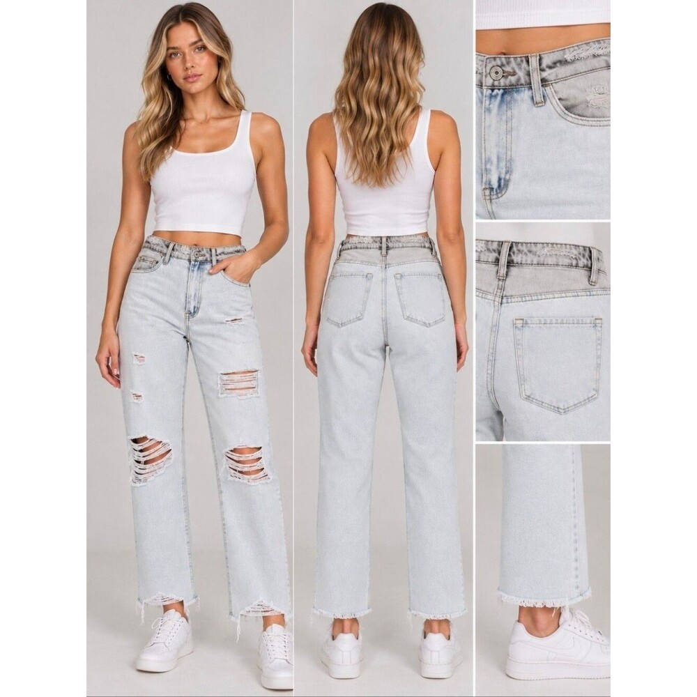 VERVET Beverly Super High Rise Distressed Straight Leg Jeans Light Wash Size 29